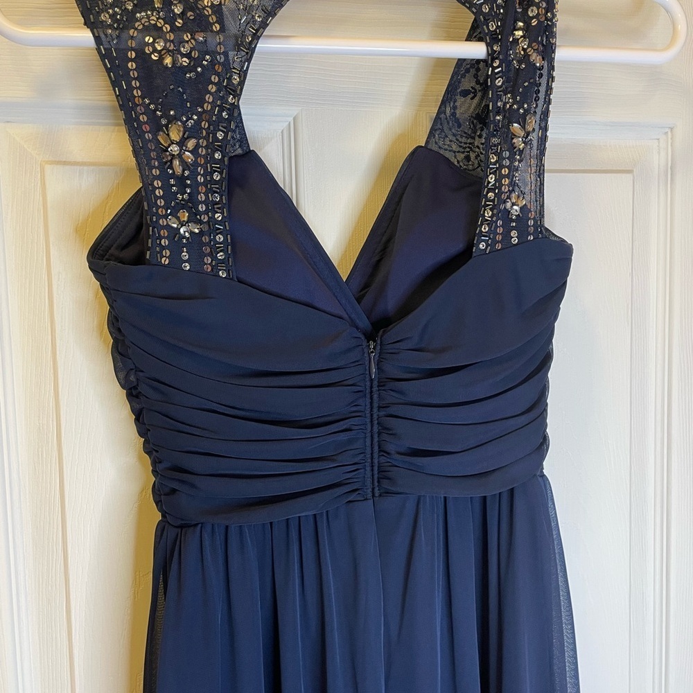 Night Way Collections Ruched Blue Sleeveless Gown - Picture 3 of 5
